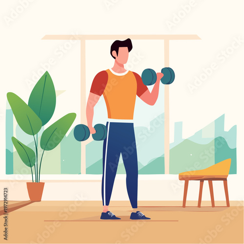 ダンベルで筋トレする日本人男性のイラスト・フィットネス