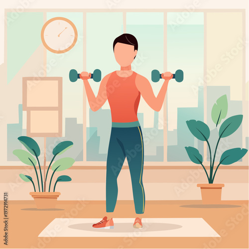 ダンベルで筋トレする日本人男性のイラスト・フィットネス