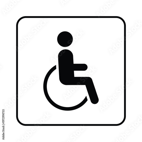 Black and white restroom sign with International Symbol of Access showing wheelchair icon and bold WC letters. Indicates toilet facilities accessible for disabled persons and individuals with mobility