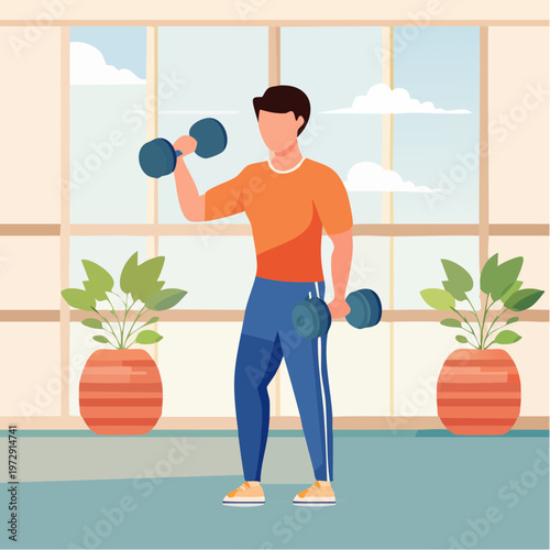ダンベルで筋トレする日本人男性のイラスト・フィットネス