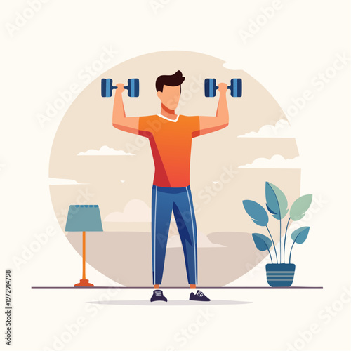 ダンベルで筋トレする日本人男性のイラスト・フィットネス