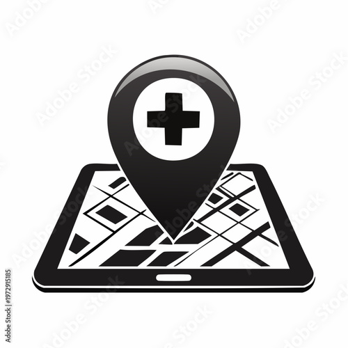 Black and white vector icon of hospital location on digital map