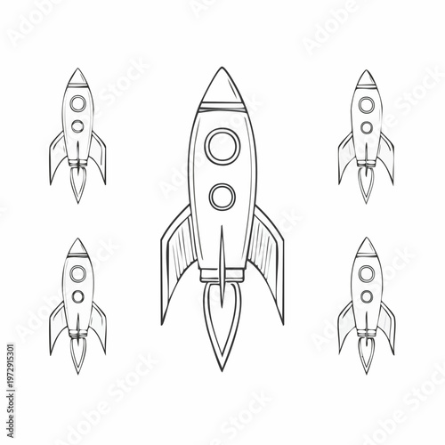 Set of five hand drawn rocket ship line art illustrations for space exploration concept