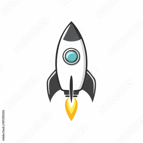 Stylized cartoon space rocket ship with teal porthole and yellow flame