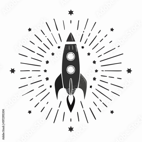 Vintage space rocket silhouette with sunburst and stars background