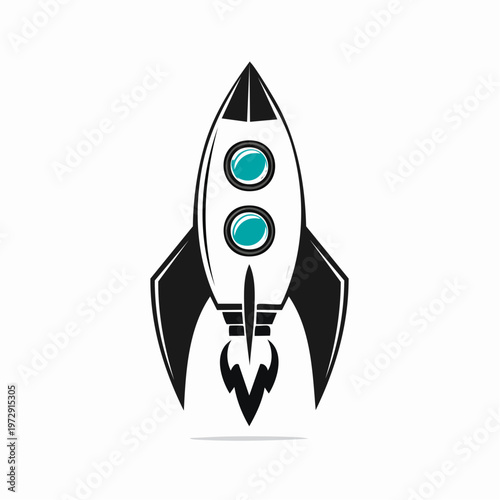 Rocket ship space shuttle vector illustration with two portholes and fire trail