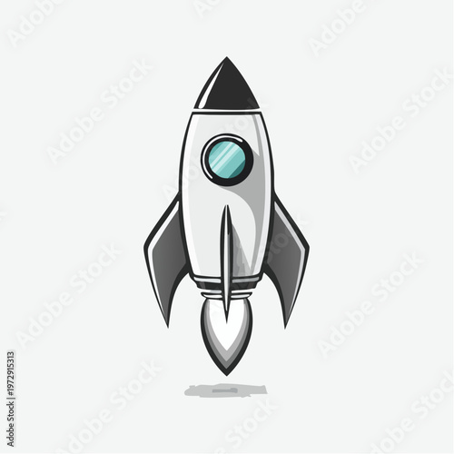 Modern rocket spaceship vector graphic with teal porthole and grey shading