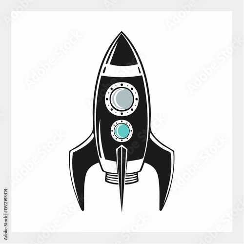 Retro style rocket ship illustration with dual portholes and fin details