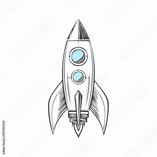 Hand drawn retro rocket ship vector illustration with two portholes isolated on white background