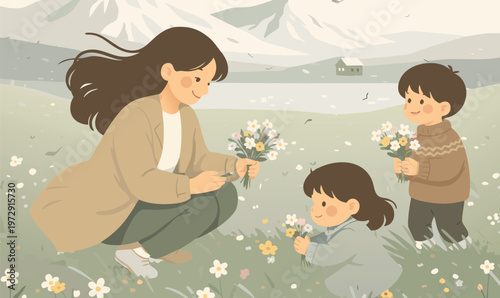 Mother with Children Picking Flowers in Nature Minimal Illustration