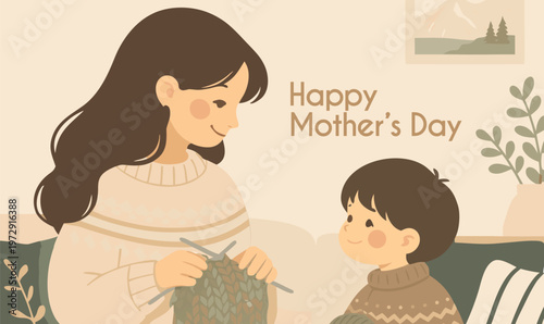 Mother Knitting While Spending Time with Child Cozy Illustration