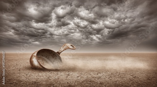 Rusty cooking pot lying in a dry desert environment