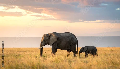 Fototapeta Elephant family strolls across savanna during golden hour, bathed in warm light under soft, pastel-colored sky