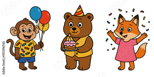 Funny cartoon dog and cute animal friends celebrating a birthday party with a toy bear and cat illustration for kids
