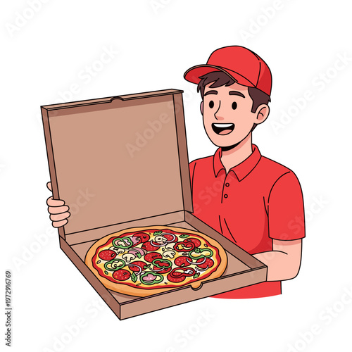 A professional chef delivers a hot baked Italian pepperoni pizza with melted mozzarella cheese in a cardboard box, providing a fast and delicious restaurant meal for a woman at dinner