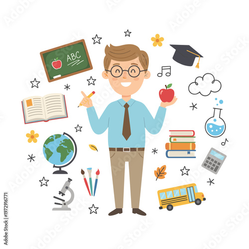 Vector illustration set of a funny cartoon businessman and manager character working in the office with a laptop and money to represent a successful business job concept