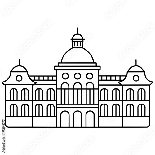 Vector illustration of an old cathedral landmark and city church building with a black dome and tower icon symbolizing religion in Helsinki, Finland
