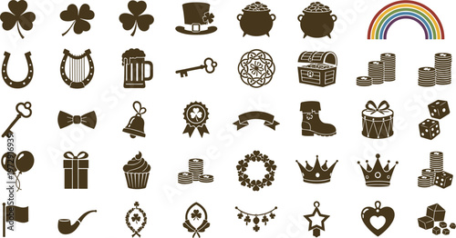 St Patricks Day icons set with shamrocks rainbow and leprechaun symbols