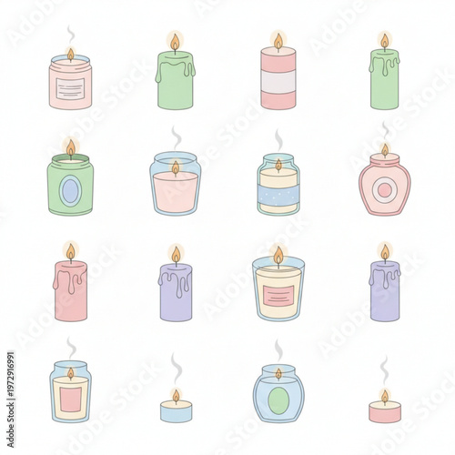 Flat aroma candle vector set in grid layout with scented candles for aromatherapy and home decor