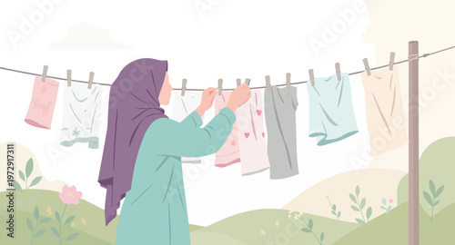 Woman hanging colorful laundry outdoors on a sunny day.