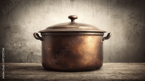 Rusty Copper Cooking Pot with Lid on a Wooden Surface