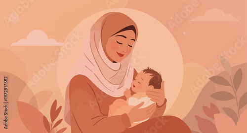 A Muslim mother lovingly breastfeeding her newborn baby.