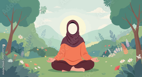 woman in orange shirt meditating in nature.