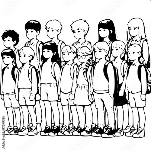 Minimalist line art of school children queuing outline