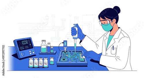 Scientist working in laboratory with pipette and samples, research and development