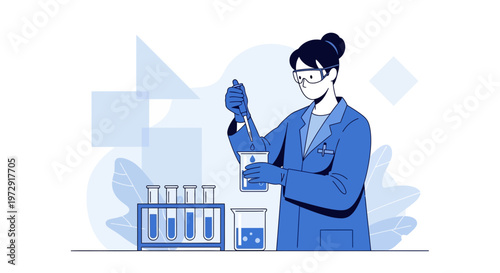 Scientist working in laboratory with test tubes and beakers, conducting research