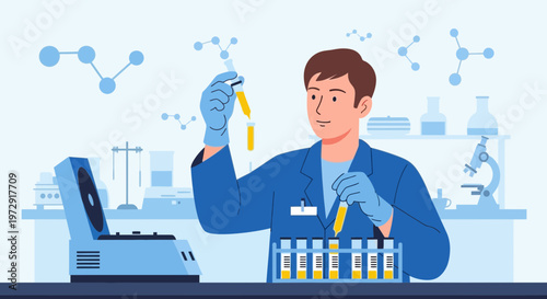 Scientist working in laboratory with test tubes and centrifuge, medical research