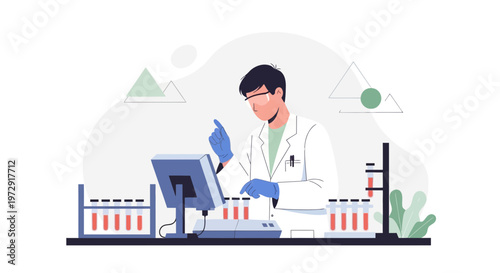 Scientist working in laboratory with test tubes and computer