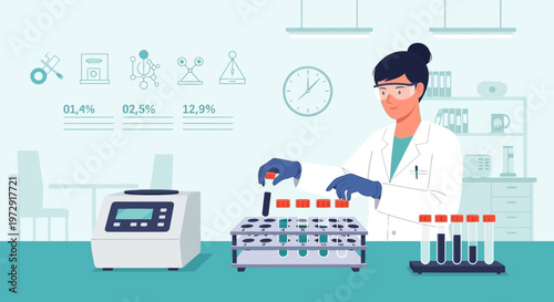 Scientist working in laboratory with test tubes and equipment, medical research concept