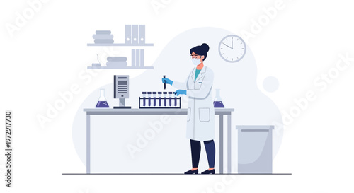 Scientist working in laboratory with test tubes and equipment, research and development concept