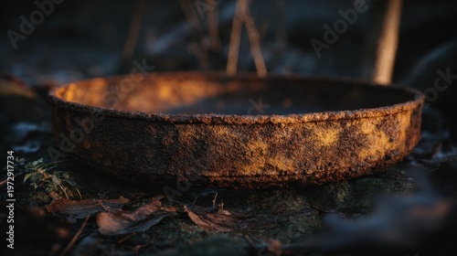 Rusty corroded bucket rim with weathered texture