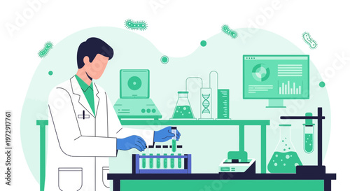 Scientist working in laboratory with test tubes and microscope, conducting research