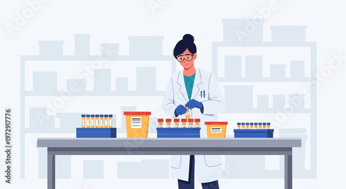 Scientist working in laboratory with test tubes and samples, scientific research