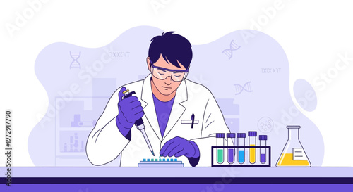 Scientist working in laboratory, conducting research with pipette and test tubes