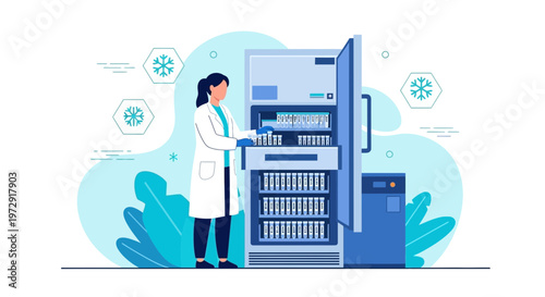 Scientist working with cryogenic freezer, storing samples in laboratory, medical research concept