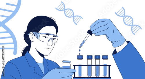 Scientist working with DNA and test tubes in a laboratory, research and development