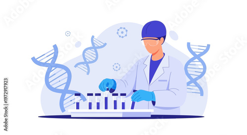 Scientist working with DNA helix and test tubes in a laboratory, genetic research concept