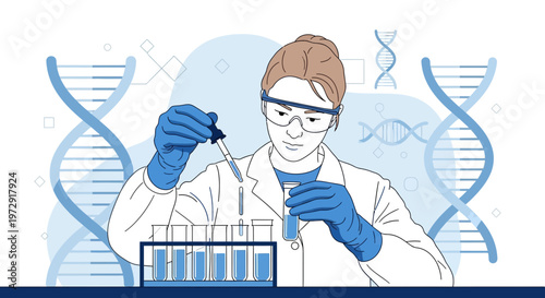 Scientist working with DNA and test tubes in laboratory, scientific research concept
