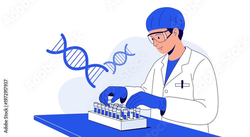 Scientist working with DNA helix and test tubes in a laboratory, genetic research concept