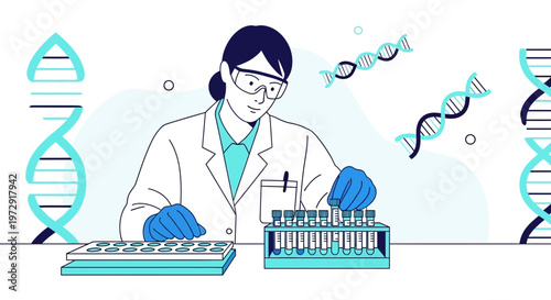 Scientist working with DNA helix and test tubes in laboratory, genetic research concept