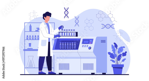 Scientist Working with DNA Sequencer in Modern Laboratory, Biotechnology Research