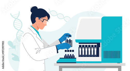 Scientist working with DNA sequencing machine and test tubes in a modern laboratory