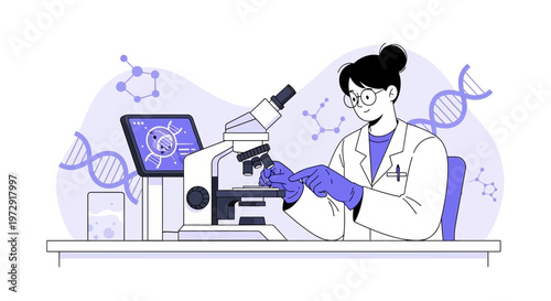 Scientist working with microscope and DNA helix, modern laboratory research
