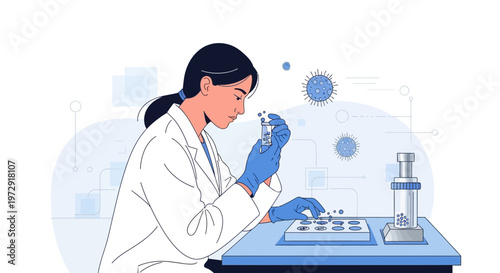 Scientist working with virus samples in laboratory, microscopic view, research concept