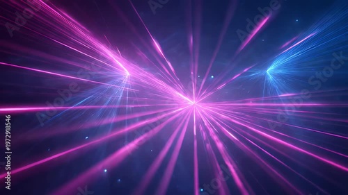 Abstract laser light show with bright purple and blue beams of light creating dynamic futuristic patterns and glowing particles in dark space.