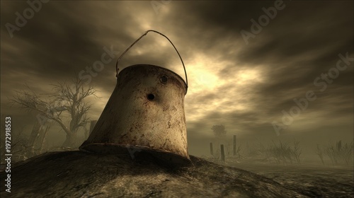 Rusty dented bucket half buried in soil under a cloudy sky